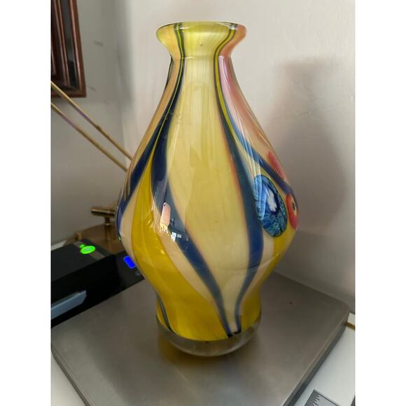 Vintage Murano Hand Blown Yellow Glass Vase Large Millefiori Art Glass - Picture 13 of 13